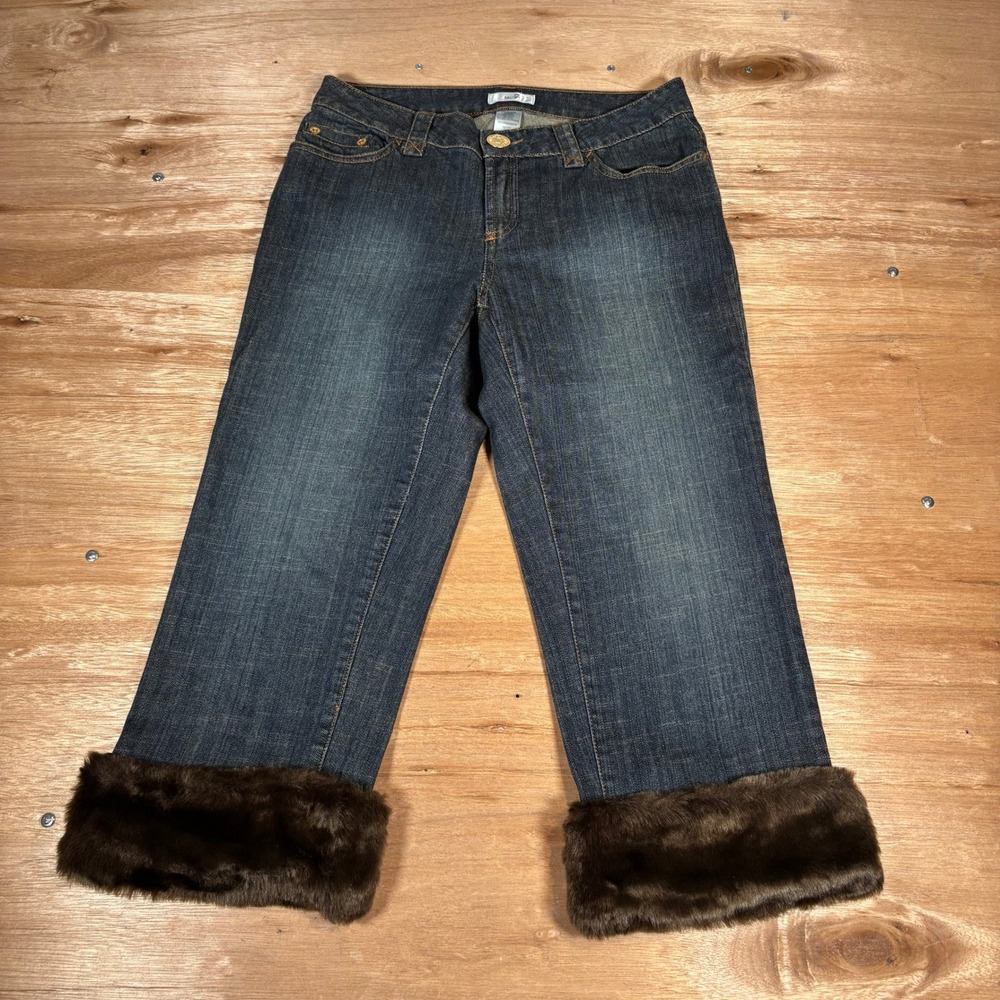 Metro 7 Womens Faux Fur Trim Cropped Jeans Indigo Blue Y2K Size 6 FFM7M-682